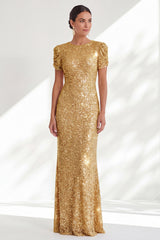 Sparkly Golden Beaded Round Neck Mermaid Long Sequin Mother of the Bride Dress with Sleeves