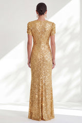 Sparkly Golden Beaded Round Neck Mermaid Long Sequin Mother of the Bride Dress with Sleeves