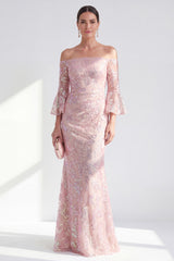 Sparkly Blush Floral Mermaid Long Beaded Mother of the Bride Dress with Sleeves