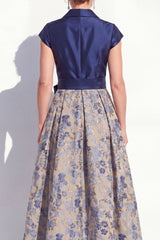 Navy Long Jacquard A Line Floral Mother of the Bride Dress with Bow