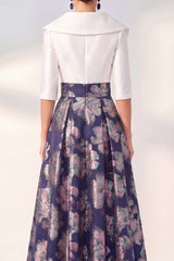 Long 3/4 Sleeves Floral Navy Jacquard A Line Mother of the Bride Dress