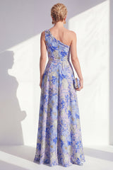 Blue Ruffled Maxi A Line Floral Mother of the Bride Dress with Slit