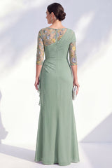 Green Ruched Mermaid Floral Long Mother of the Bride Dress with Ruffles