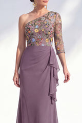 Grey Purple Ruched Mermaid Floral Long Mother of the Bride Dress with Ruffles