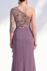Grey Purple Ruched Mermaid Floral Long Mother of the Bride Dress with Ruffles