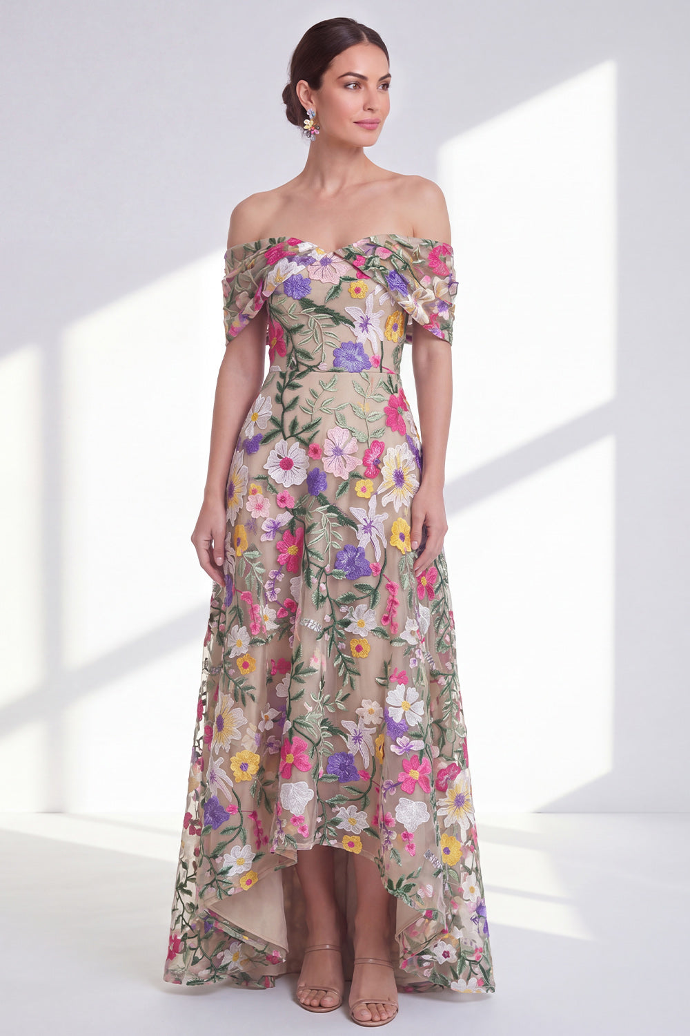 Light Khaki A Line Floral High Low Mother of the Bride Dress