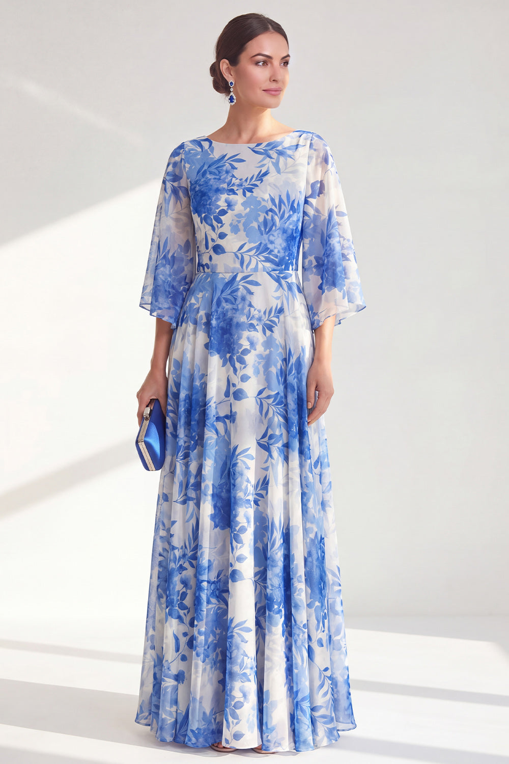 Blue Boat Neck Floral Long A Line Mother of the Bride Dress