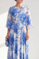 Blue Boat Neck Floral Long A Line Mother of the Bride Dress