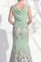 Green Long Floral Boat Neck Ruched Mermaid Mother of the Bride Dress