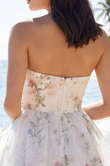 Ivory Strapless Floral A Line Short Beach Wedding Dress