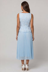 Sky Blue 2 Piece Single Breasted Floral Long Work Dress with Pleats