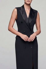 Black Midi Double Breasted Peak Lapel Work Dress with Slit