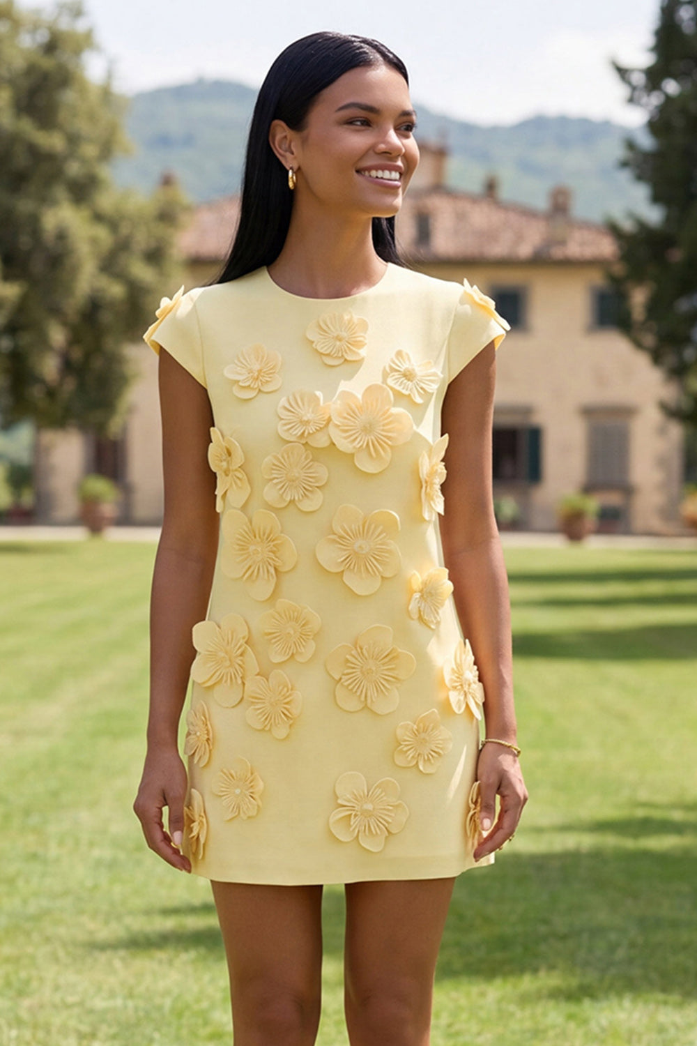 Butter Yellow Short Floral Round Neck Homecoming Dress with Sleeves