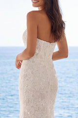 Sparkly Ivory Beaded Floral Mermaid Sweep Train Strapless Wedding Dress