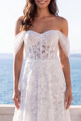 Ivory Off the Shoulder Floral Lace A Line Sweep Train Corset Boho Wedding Dress