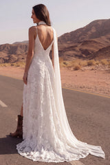 Spaghetti Straps Floral Ivory A Line Sweep Train Boho Wedding Dress with Slit