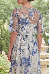 Blue Flower Boat Neck A Line Long Mother of the Bride Dress with Slit