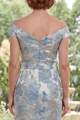 Blue Floral Off the Shoulder Sheath Long Mother of the Bride Dress