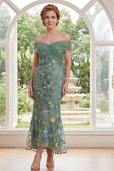 Green Off the Shoulder Ruched Floral Mermaid Long Mother of the Bride Dress