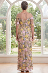 Champagne Boat Neck Floral Sheath Long Mother of the Bride Dress with Slit