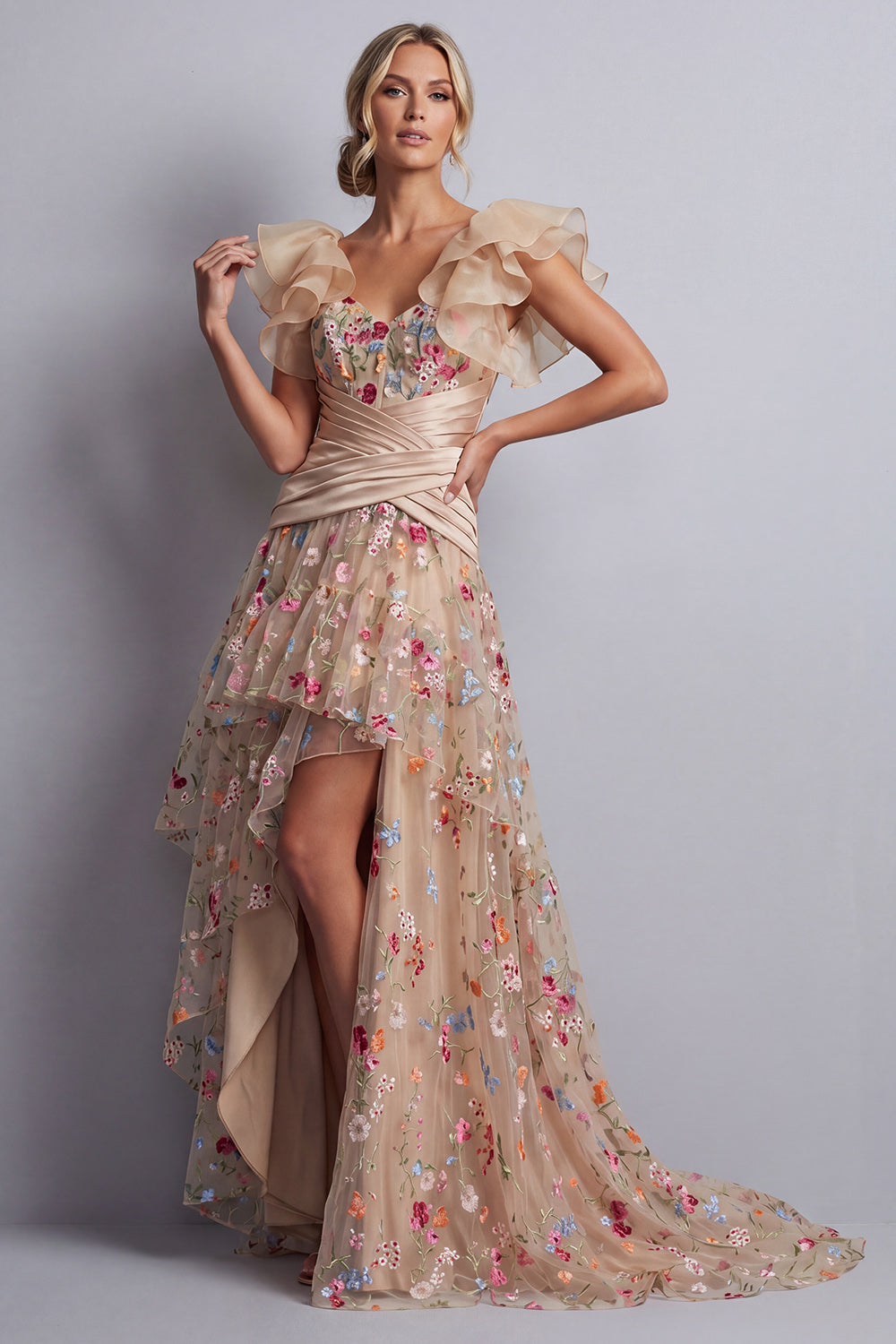Champagne High Low Floral Corset A Line Ruched Mother of the Bride Dress with Ruffles