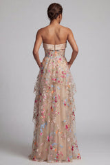 Ruffled Floral Champagne Long Corset A Line Mother of the Bride Dress with Pockets