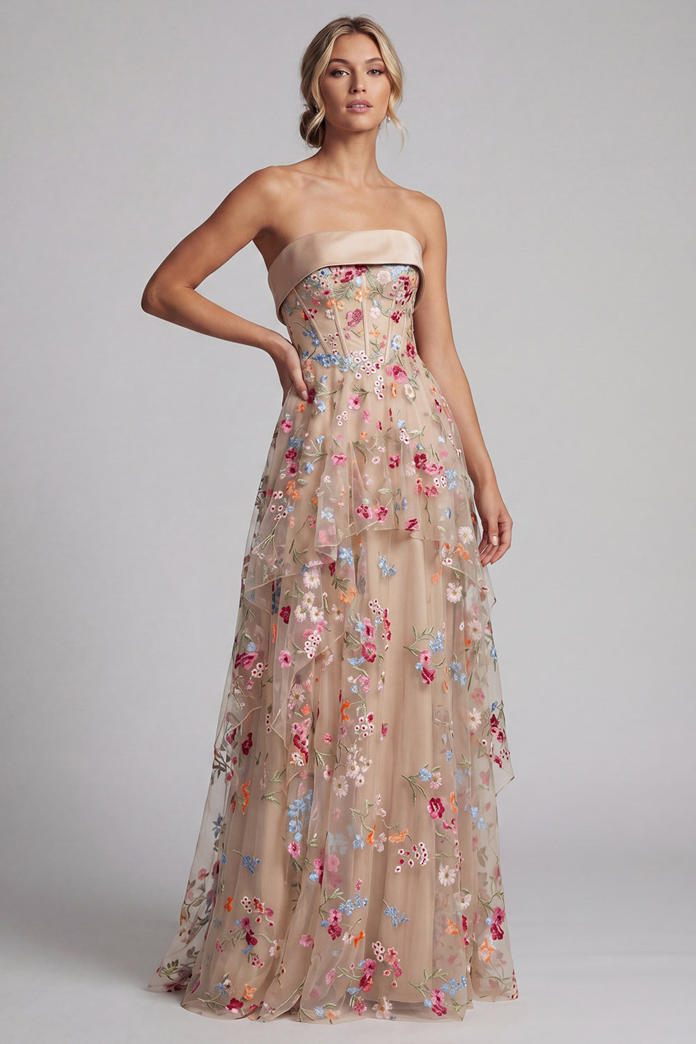 Ruffled Floral Champagne Long Corset A Line Mother of the Bride Dress with Pockets