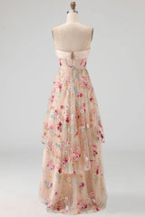 Basque Waist Floral Champagne High Low Corset Mother of the Bride Dress with Ruffles