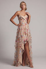 Basque Waist Floral Champagne High Low Corset Mother of the Bride Dress with Ruffles
