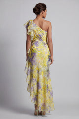 Butter Yellow Floral Mermaid Long Printed Mother of the Bride Dress with Ruffles