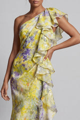 Butter Yellow Floral Mermaid Long Printed Mother of the Bride Dress with Ruffles