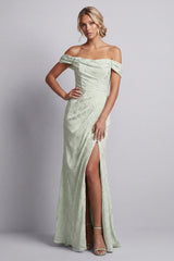 Ruched Long Mermaid Light Green Floral Mother of the Bride Dress with Slit