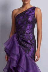 Dark Purple Floral High Low Mermaid Ruched Mother of the Bride Dress with Ruffles
