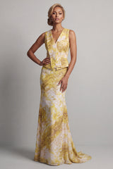 Floral Mermaid Long Printed Butter Yellow Mother of the Bride Dress with Sash