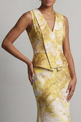 Floral Mermaid Long Printed Butter Yellow Mother of the Bride Dress with Sash