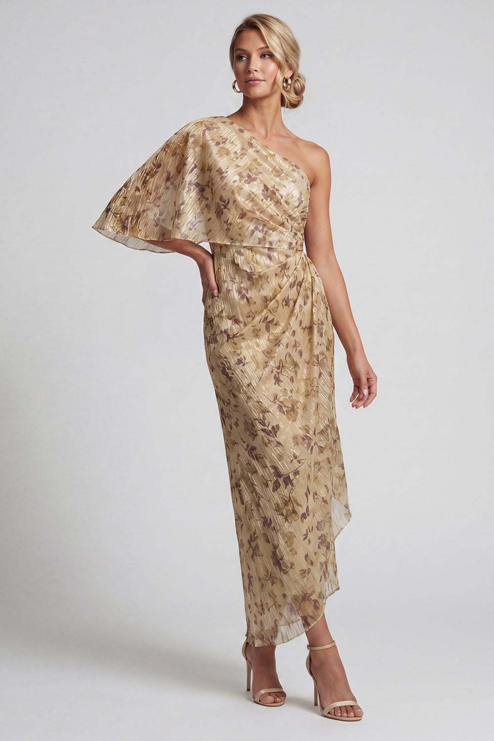 Sheath Long Floral Champagne Ruched Mother of the Bride Dress with Side Cape
