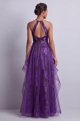 Halter Dark Purple Floral Long A Line Mother of the Bride Dress with Ruffles