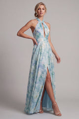 Keyhole A Line Light Green Floral Long Mother of the Bride Dress with Pockets