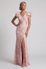 Mermaid Ruffled Sparkly Blush Long Beaded Mother of the Bride Dress with Slit