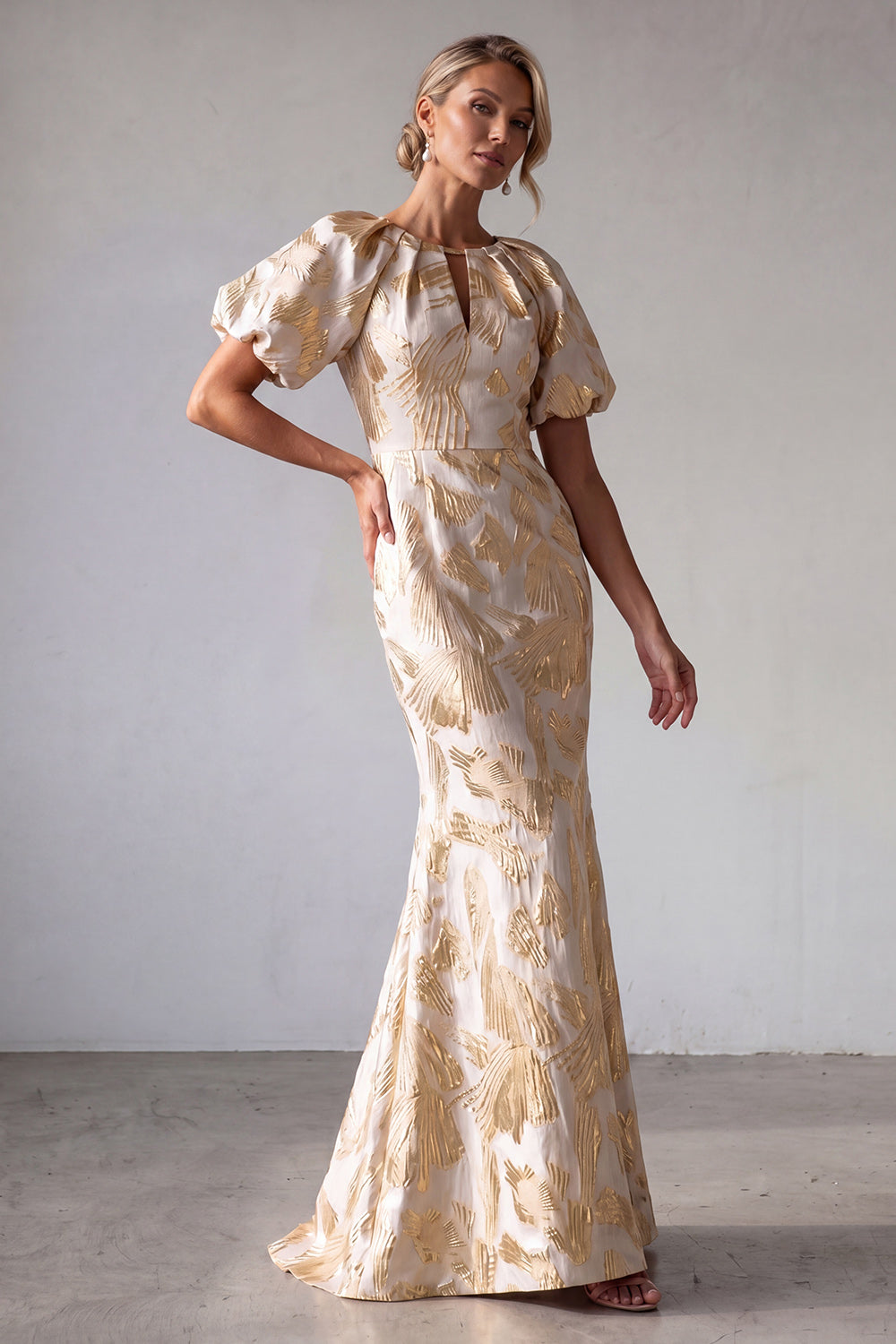 Mermaid Keyhole Sparkly Champagne Long Floral Mother of the Bride Dress
