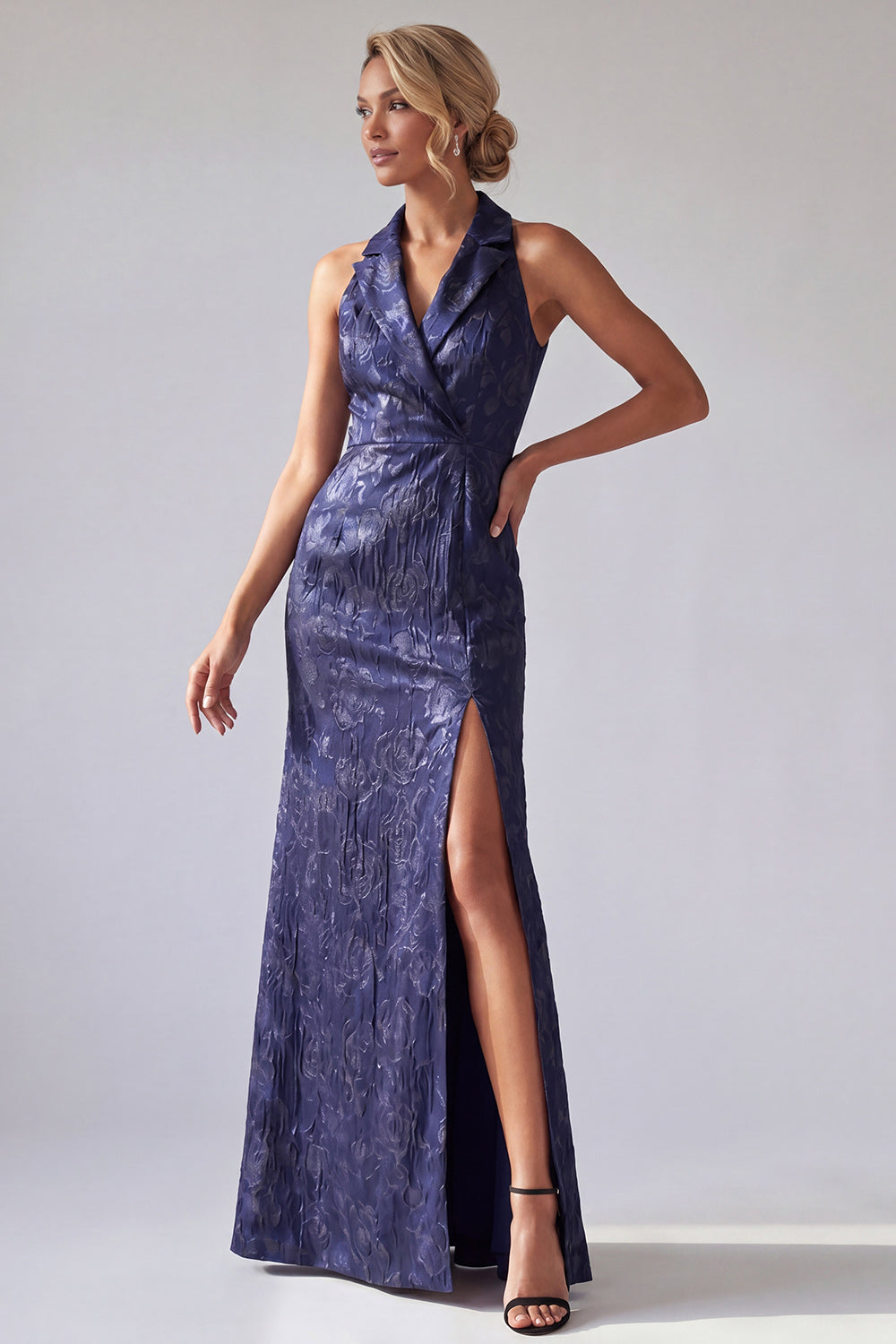 Halter Backless Floral Dark Purple Long Mermaid Mother of the Bride Dress with Slit