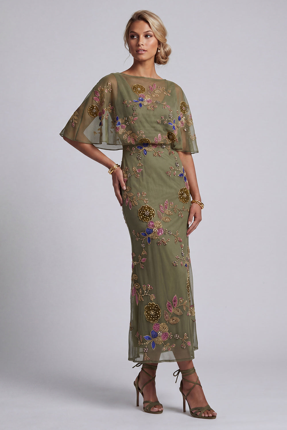Floral Mermaid Beaded Olive Long Mother of the Bride Dress with Cape