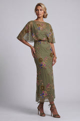 Floral Mermaid Beaded Olive Long Mother of the Bride Dress with Cape