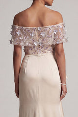 Apricot Floral Long Beaded Mermaid Mother of the Bride Dress with Ruffles