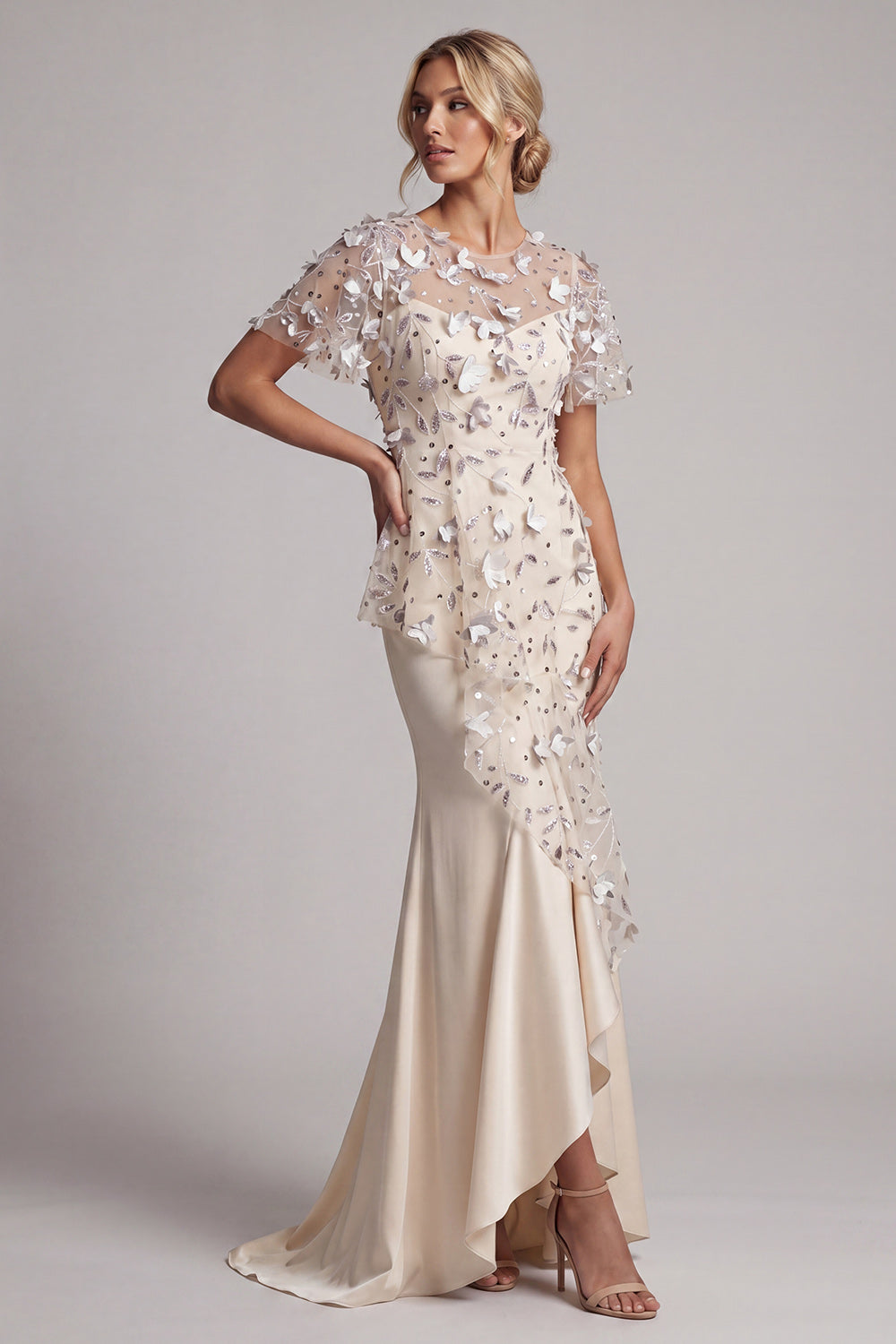 Beaded Mermaid Apricot Floral Long Mother of the Bride Dress with Ruffles