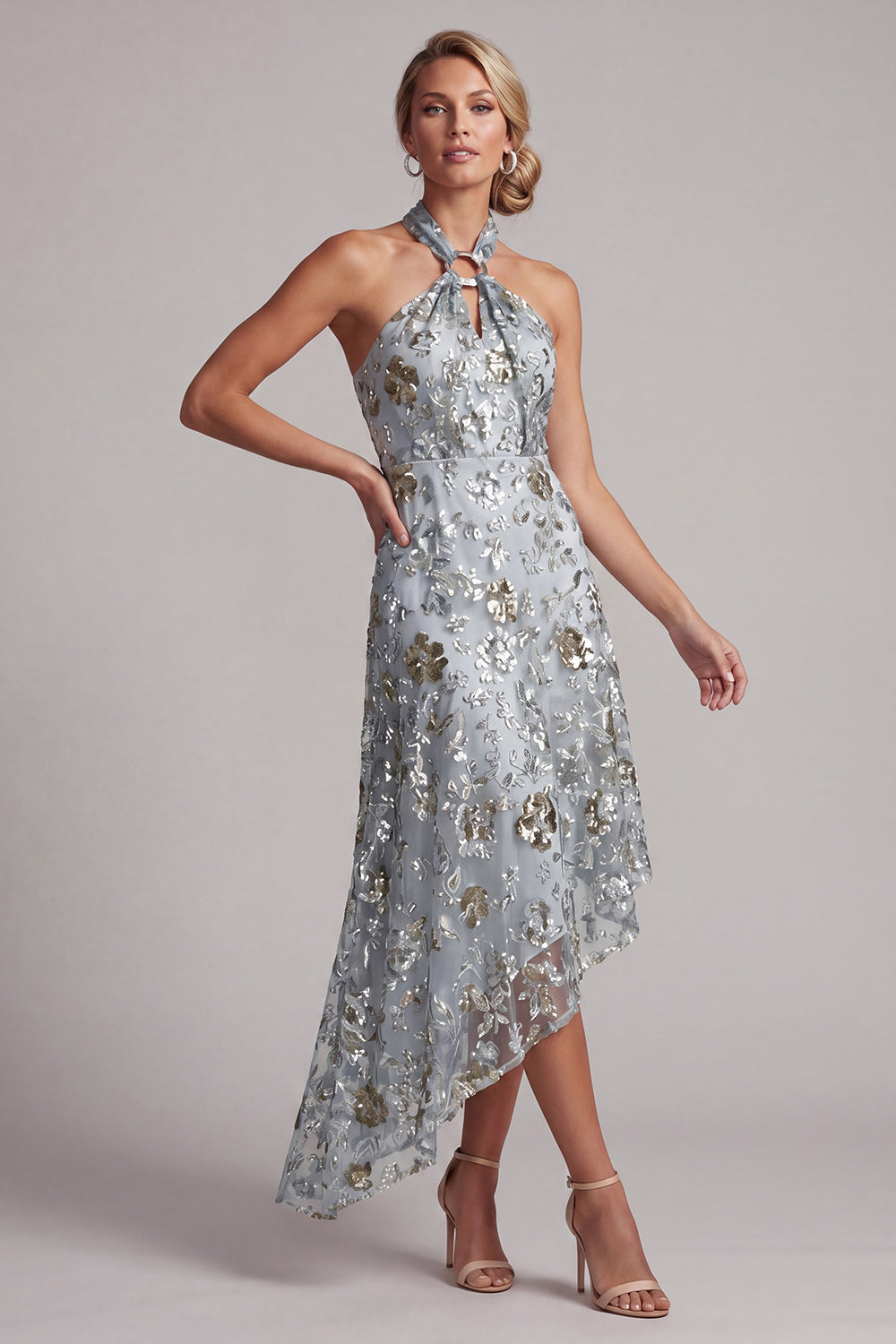 A Line Asymmetrical Sparkly Grey Blue Floral Beaded Mother of the Bride Dress
