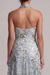 A Line Asymmetrical Sparkly Grey Blue Floral Beaded Mother of the Bride Dress