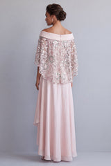 Sparkly Light Pink Long Floral A Line Beaded Mother of the Bride Dress with Cape