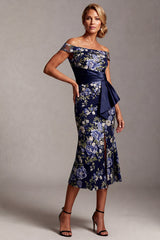 Mermaid Off the Shoulder Floral Navy Long Mother of the Bride Dress with Sash