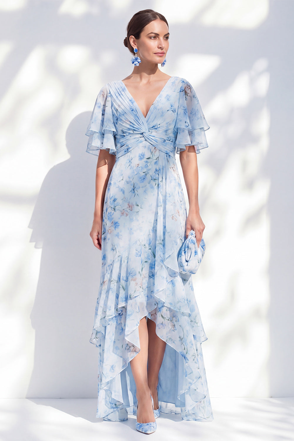 Blue Sheath Ruffled High-Low V-Neck Floral Mother of the Bride Dress with Sleeves